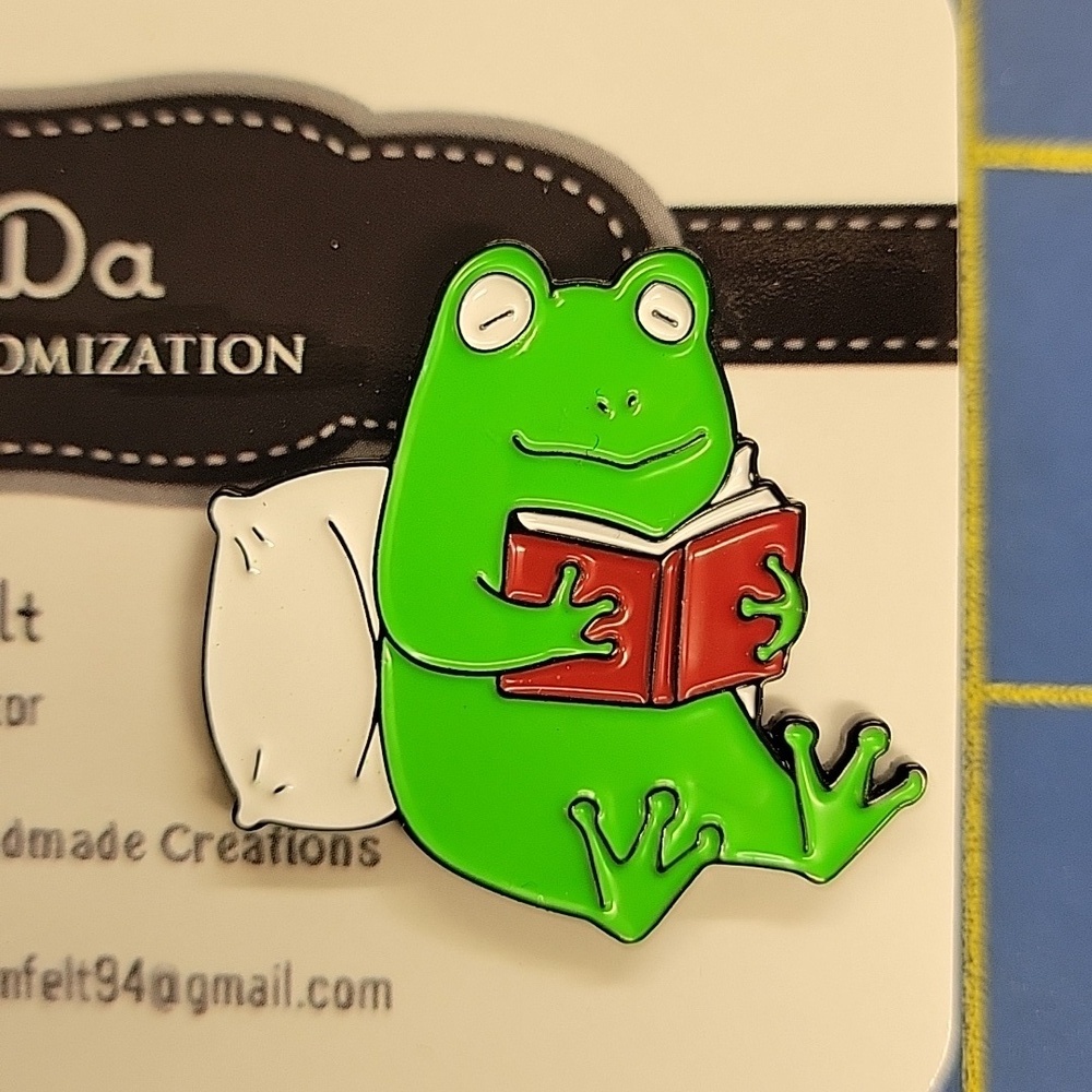 Green Frog Reading a Book in Bed 1.25" Tack Pin
